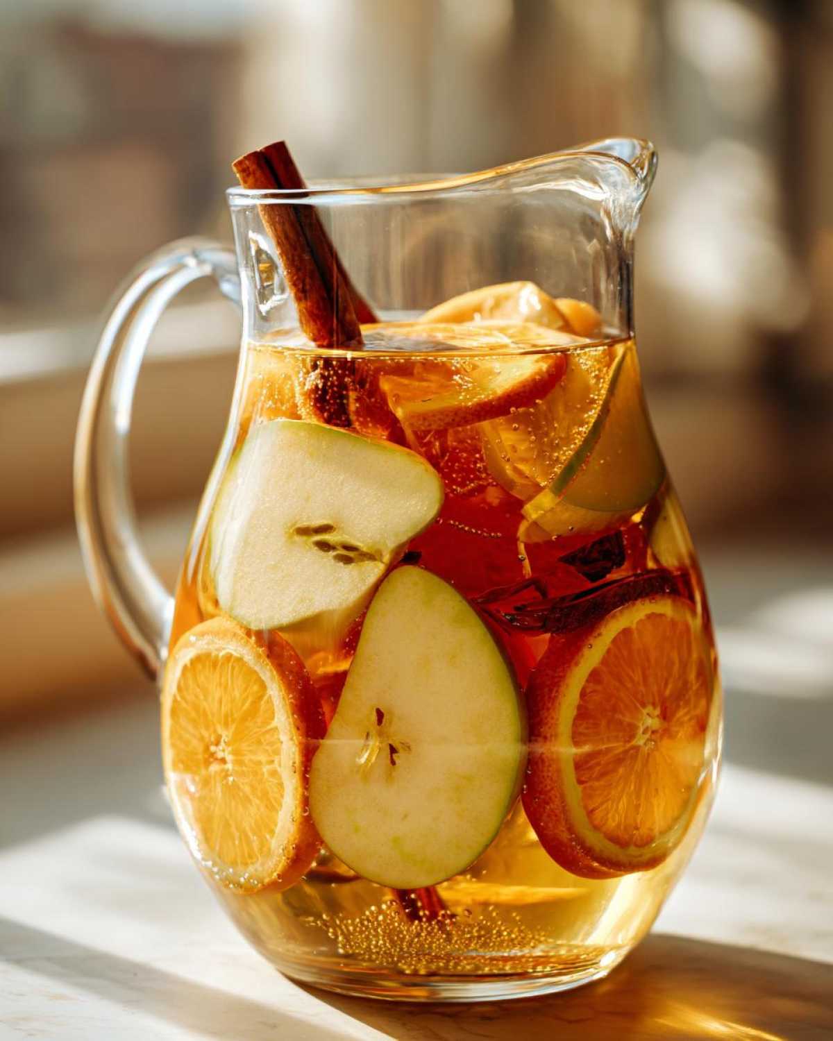 Pitcher of apple cider sangria with apple slices, orange slices, and cinnamon sticks.