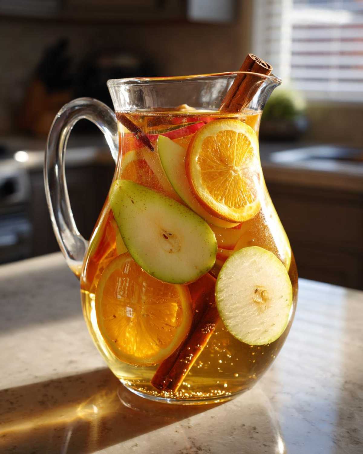 Pitcher of apple cider sangria with apple slices, orange, pear, and cinnamon sticks.