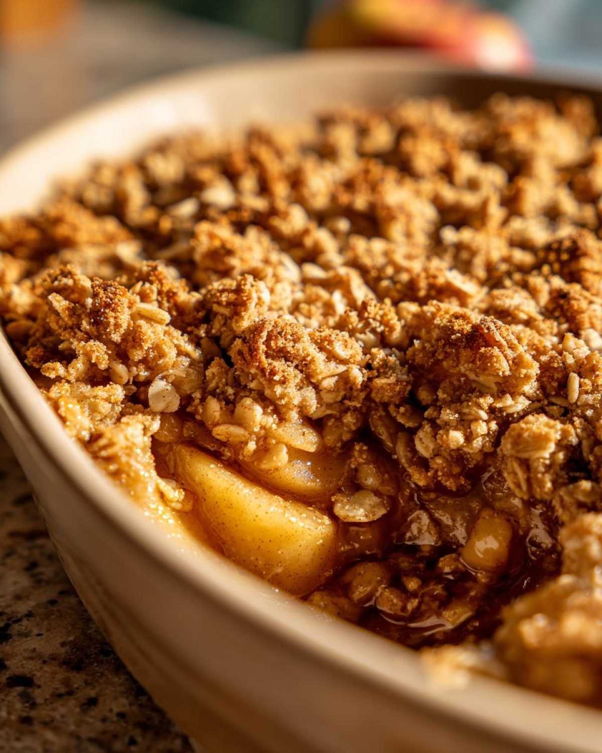 Close-up of a freshly baked apple crisp in a beige baking dish, showing the apple filling and golden brown topping.