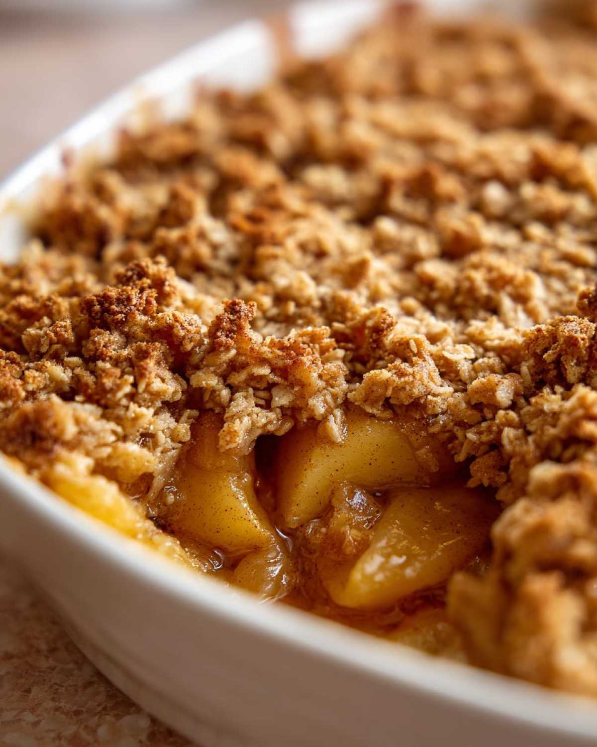 Close-up of a baked apple crisp in a white dish, showing the apple filling and golden brown oat topping.