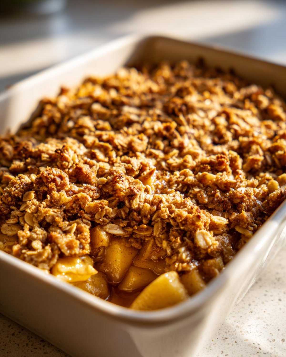 Close-up of a freshly baked apple crisp in a square baking dish, showing the apple filling and oat topping.