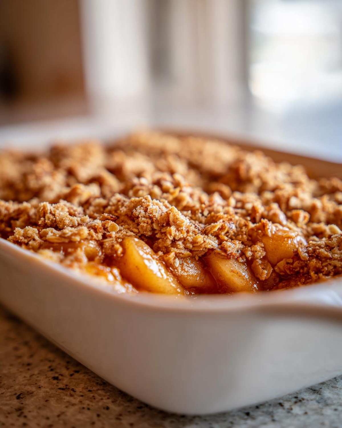 Close-up of a delicious apple crisp in a white baking dish, showcasing the golden-brown topping and soft apple filling.
