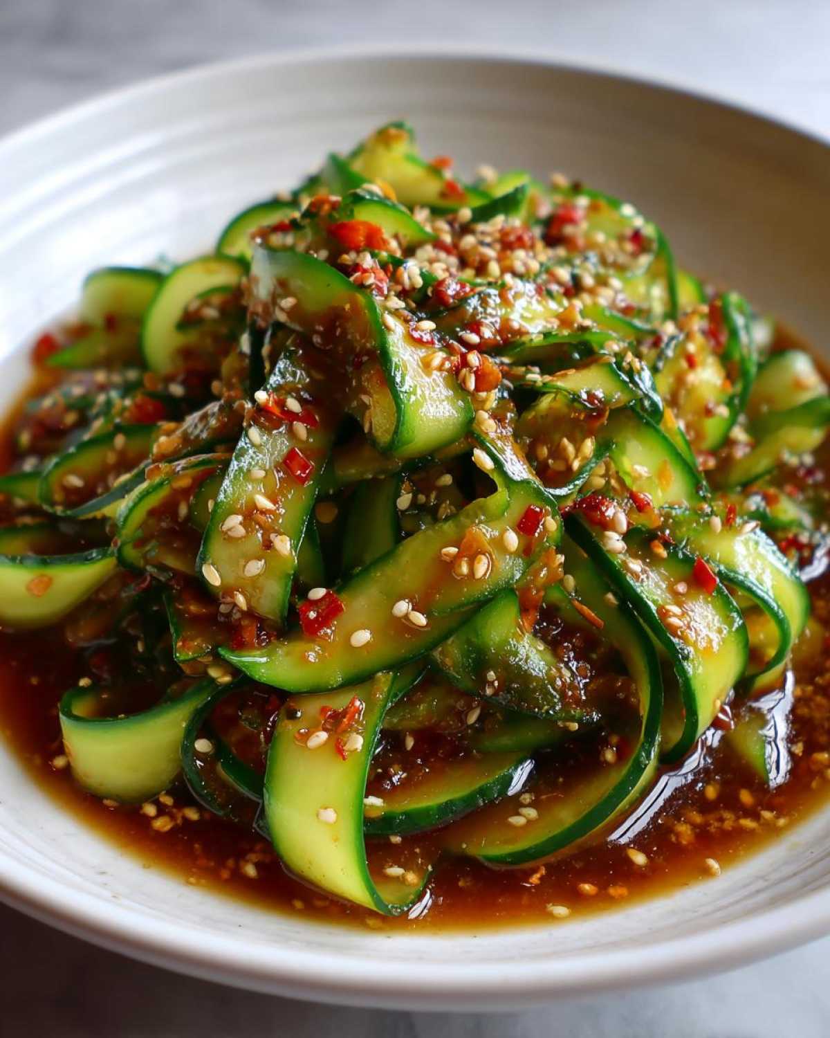Close-up of a bowl of Asian cucumber salad with thin cucumber slices, chili flakes, and sesame seeds in a savory dressing.