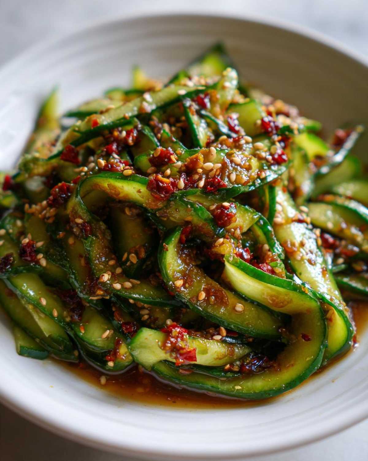 A close-up shot of an Asian cucumber salad in a white bowl, featuring thinly sliced cucumbers coated in a spicy chili crunch sauce with sesame seeds.