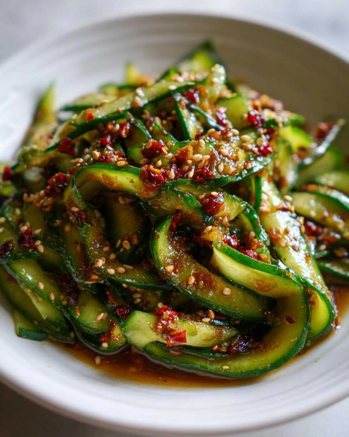A close-up shot of an Asian cucumber salad in a white bowl, featuring thinly sliced cucumbers coated in a spicy chili crunch sauce with sesame seeds.