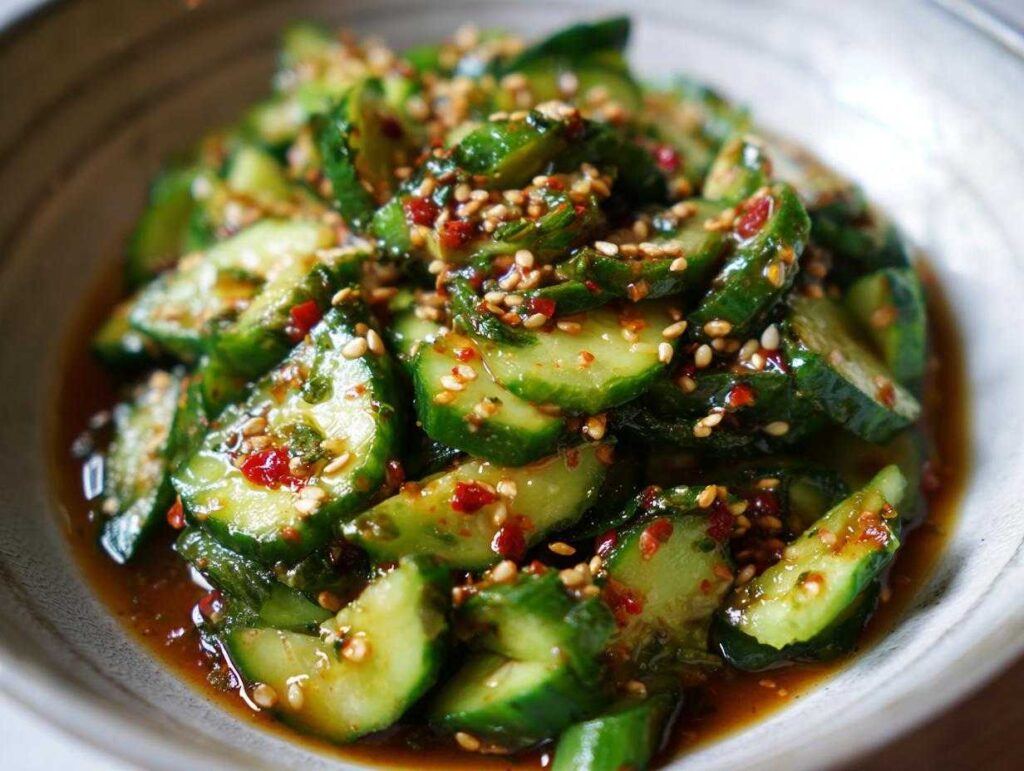 Close-up of a bowl of Asian cucumber salad, featuring sliced cucumbers coated in a dark sauce with red chili flakes and sesame seeds.