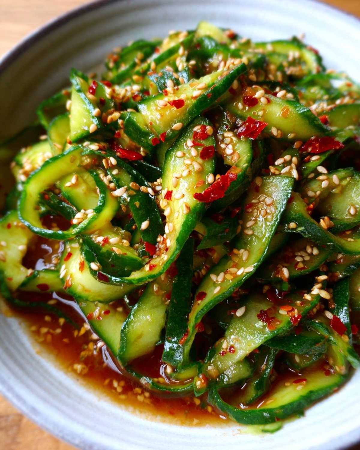 A close-up shot of an asian cucumber salad in a bowl, featuring thinly sliced cucumbers, red chili flakes, and sesame seeds.
