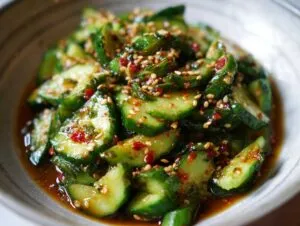Close-up of a bowl of Asian cucumber salad, featuring sliced cucumbers coated in a dark sauce with red chili flakes and sesame seeds.