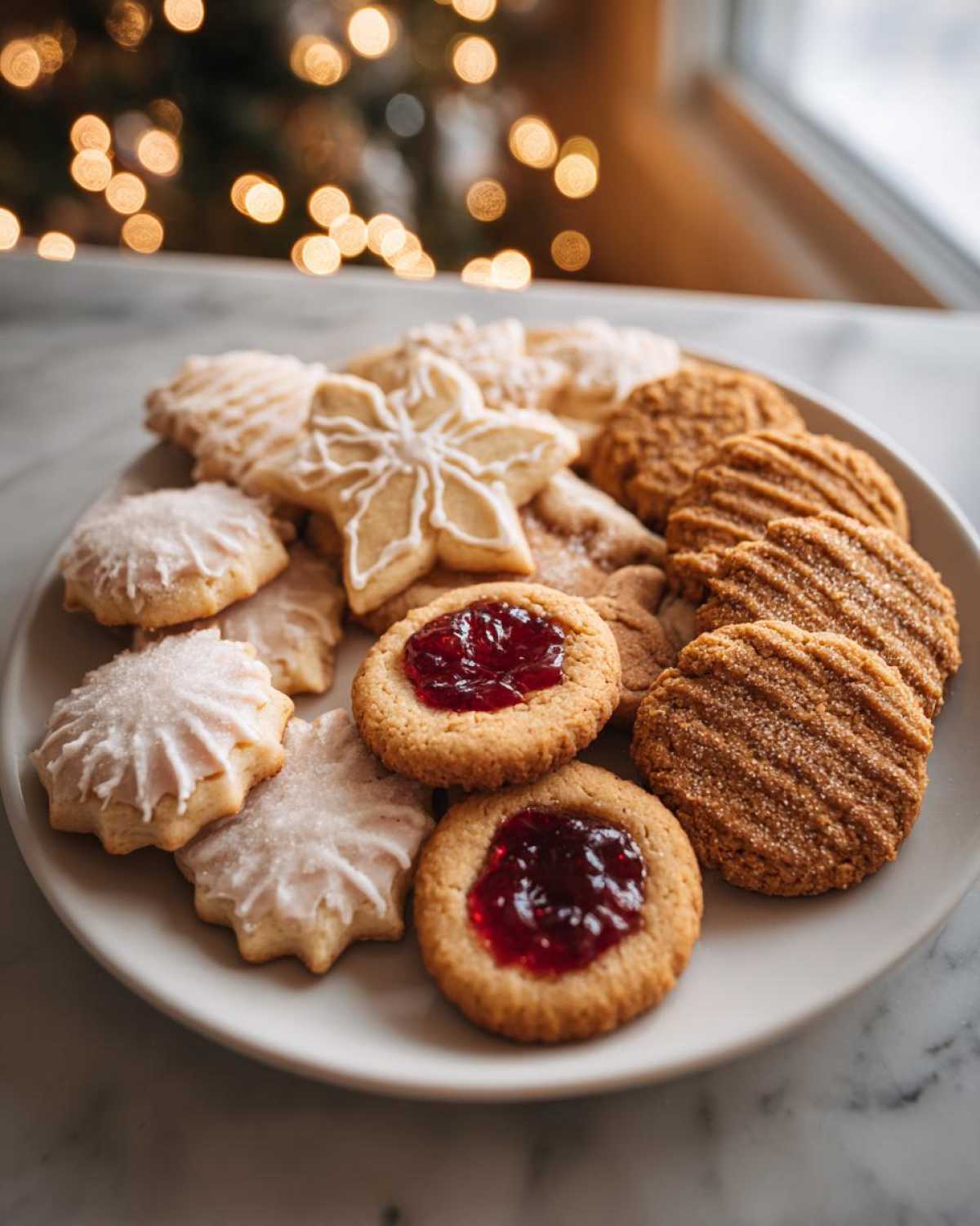 A variety of Christmas cookies, including jam-filled, iced, and gingerbread, arranged on a white plate with festive bokeh background.