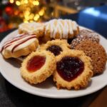 A plate of assorted Christmas cookies, including jam-filled, iced, and chocolate varieties, with a festive background.