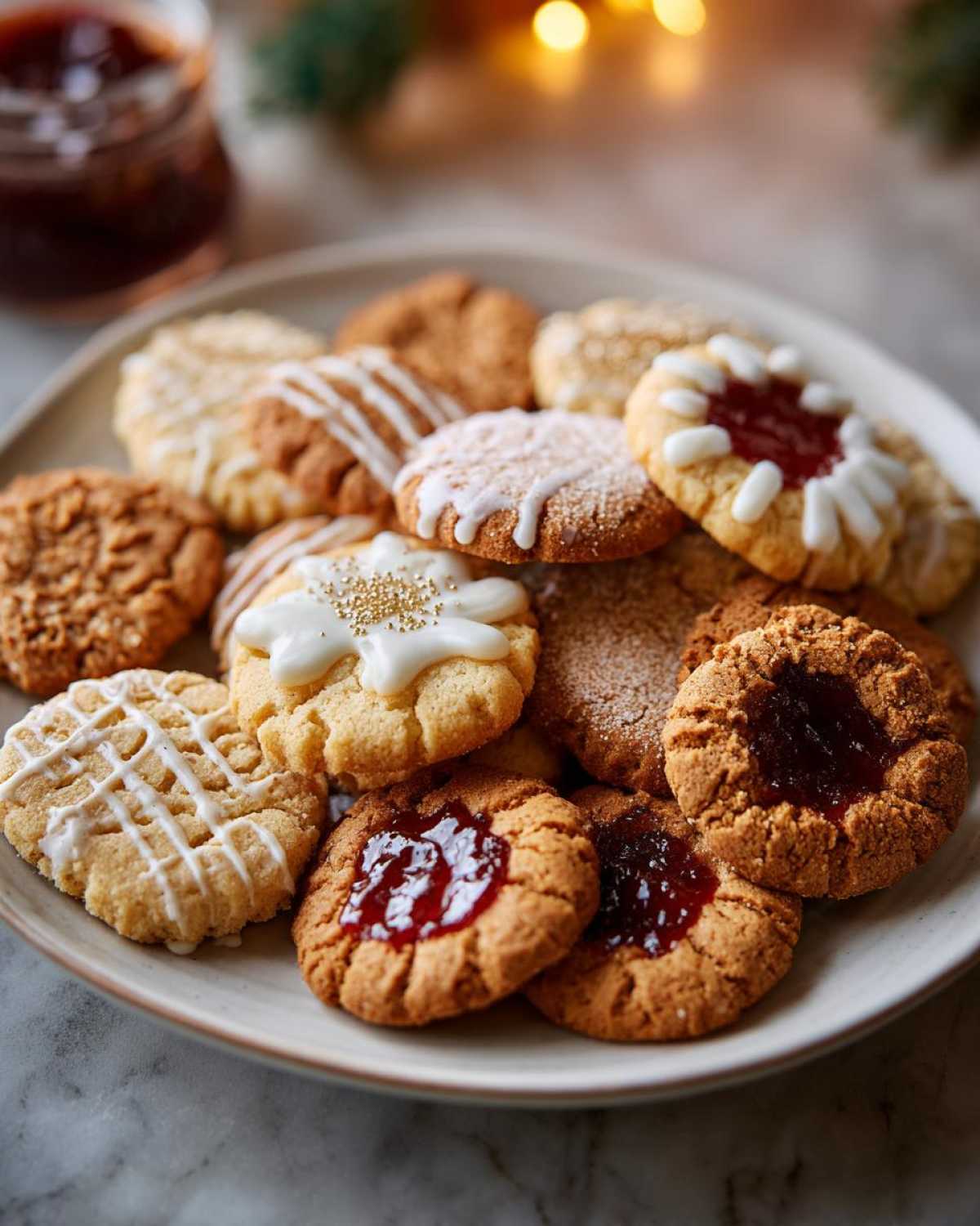 A festive plate of assorted Christmas cookies, including jam-filled, iced, and dusted varieties.