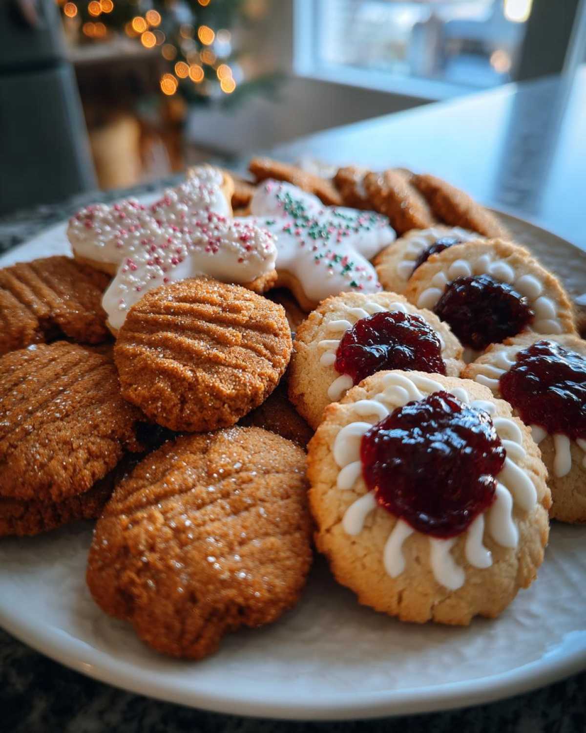A plate of assorted Christmas cookies including peanut butter, jam filled, and decorated gingerbread cookies.