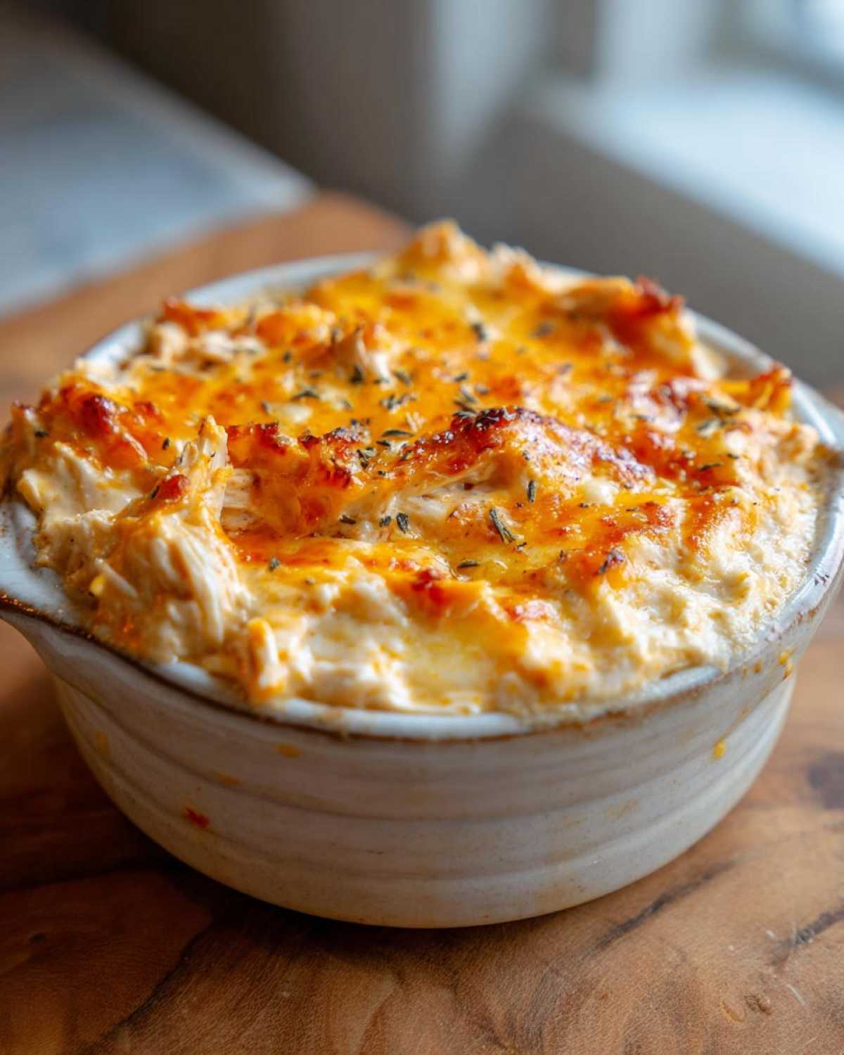 Close-up of a creamy, baked crockpot buffalo chicken dip in a rustic ceramic bowl, topped with melted cheese and herbs.