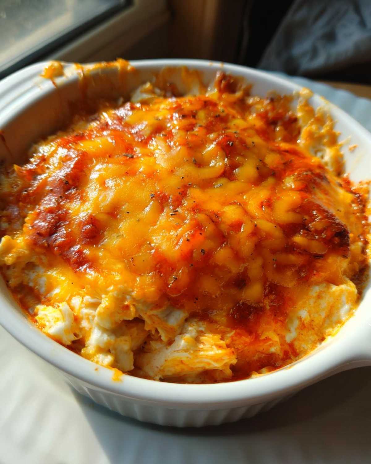 Close-up of a white baking dish filled with hot, bubbly Franks buffalo chicken dip, topped with melted, golden-brown cheese.
