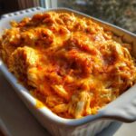 Close-up of a white baking dish filled with hot, bubbly franks buffalo chicken dip, topped with melted cheese.