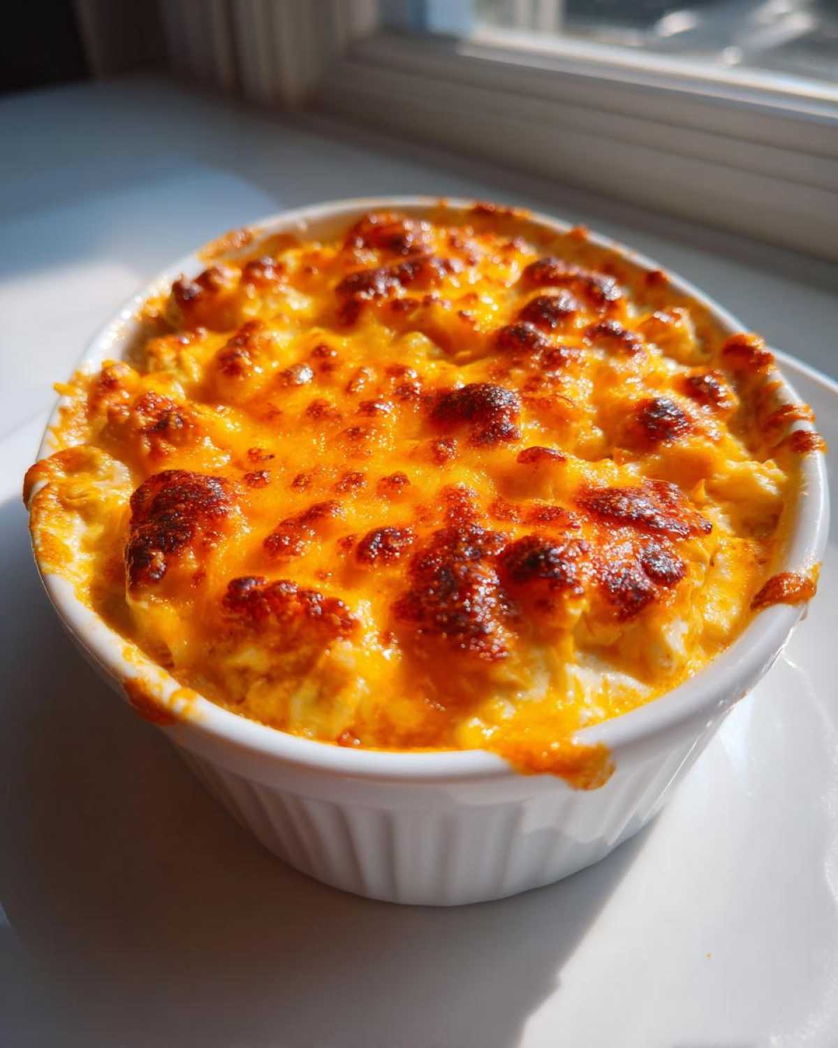 Close-up of a bubbling, golden-brown baked franks buffalo chicken dip in a white ramekin, showing melted cheese.