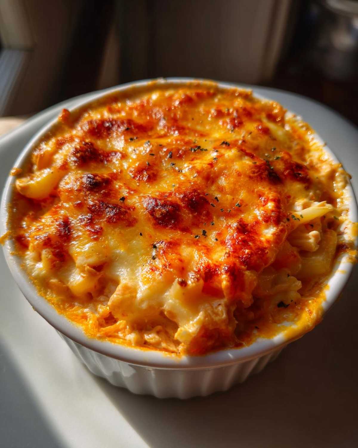 Close-up of a single serving of Franks buffalo chicken dip in a white ramekin, topped with melted, bubbly cheese.