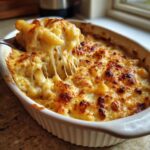 Spoon lifting a serving of creamy baked mac and cheese recipe with stringy, melted cheese.