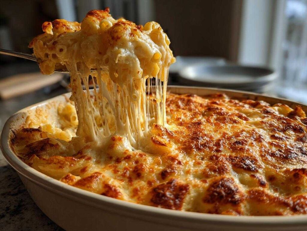A spoonful of creamy, cheesy mac and cheese recipe being lifted from a baking dish, showing cheese pull.