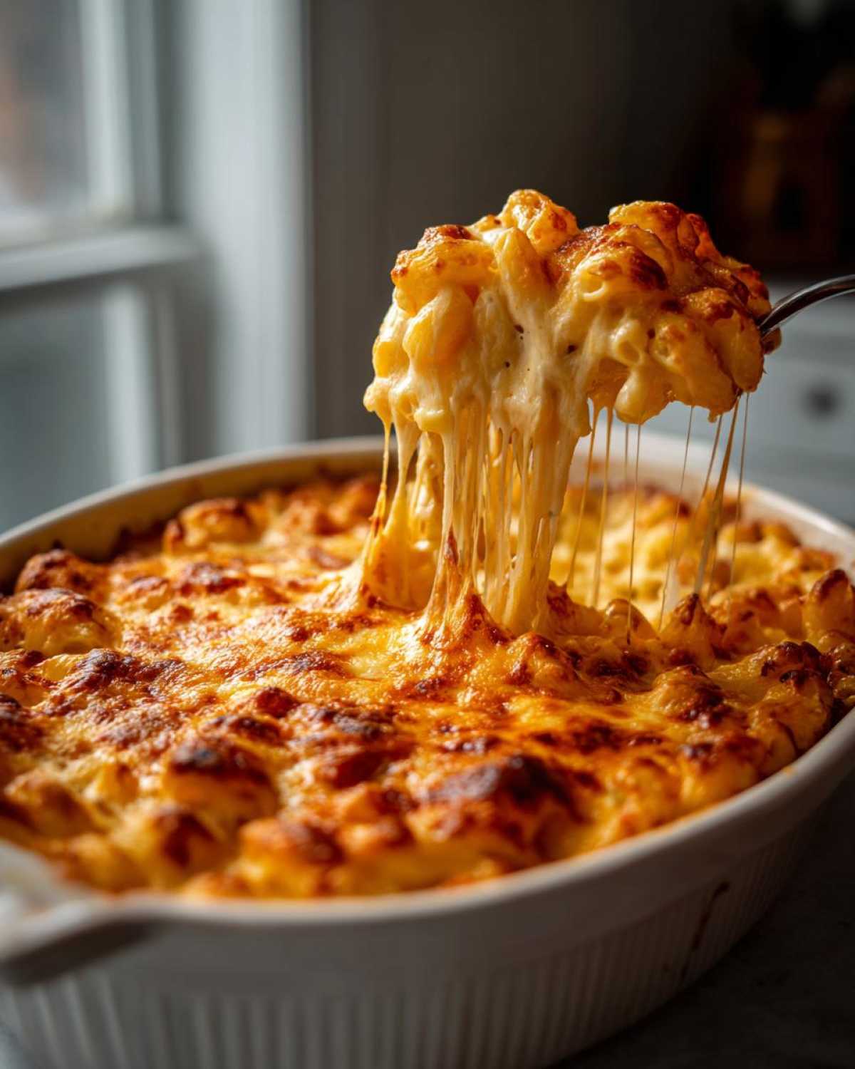 Spoon lifting a portion of cheesy baked mac and cheese recipe from a casserole dish, showcasing the cheese pull.