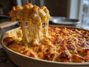 A spoonful of creamy, cheesy mac and cheese recipe being lifted from a baking dish, showing cheese pull.