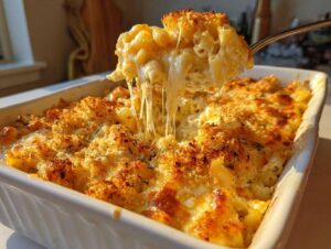 Close-up of a fork lifting a serving of creamy, baked macaroni and cheese from a white casserole dish, with melted cheese stretching. This is a delicious tuna bake.