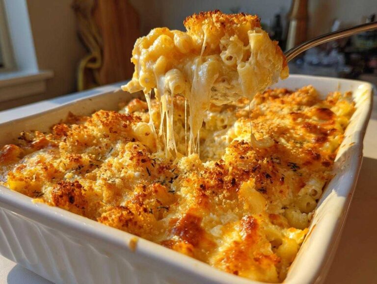Close-up of a fork lifting a serving of creamy, baked macaroni and cheese from a white casserole dish, with melted cheese stretching. This is a delicious tuna bake.