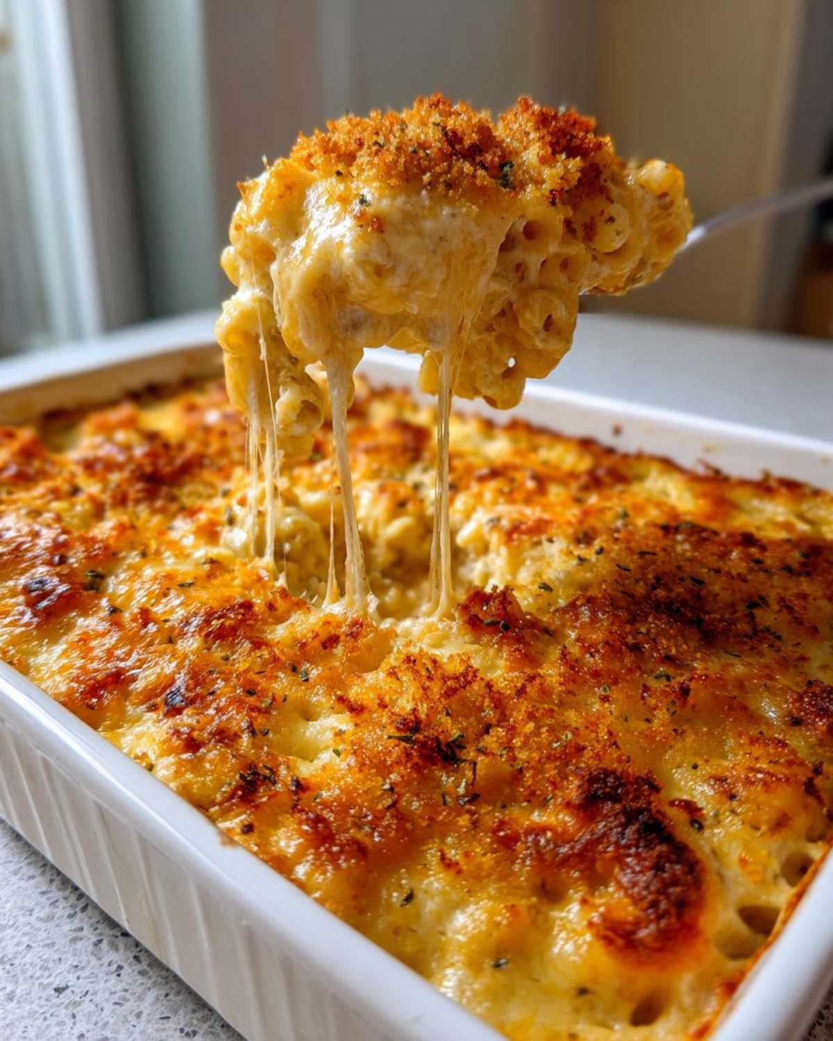 A serving spoon lifting a cheesy scoop of baked macaroni and cheese from a white casserole dish, with cheese strings stretching.