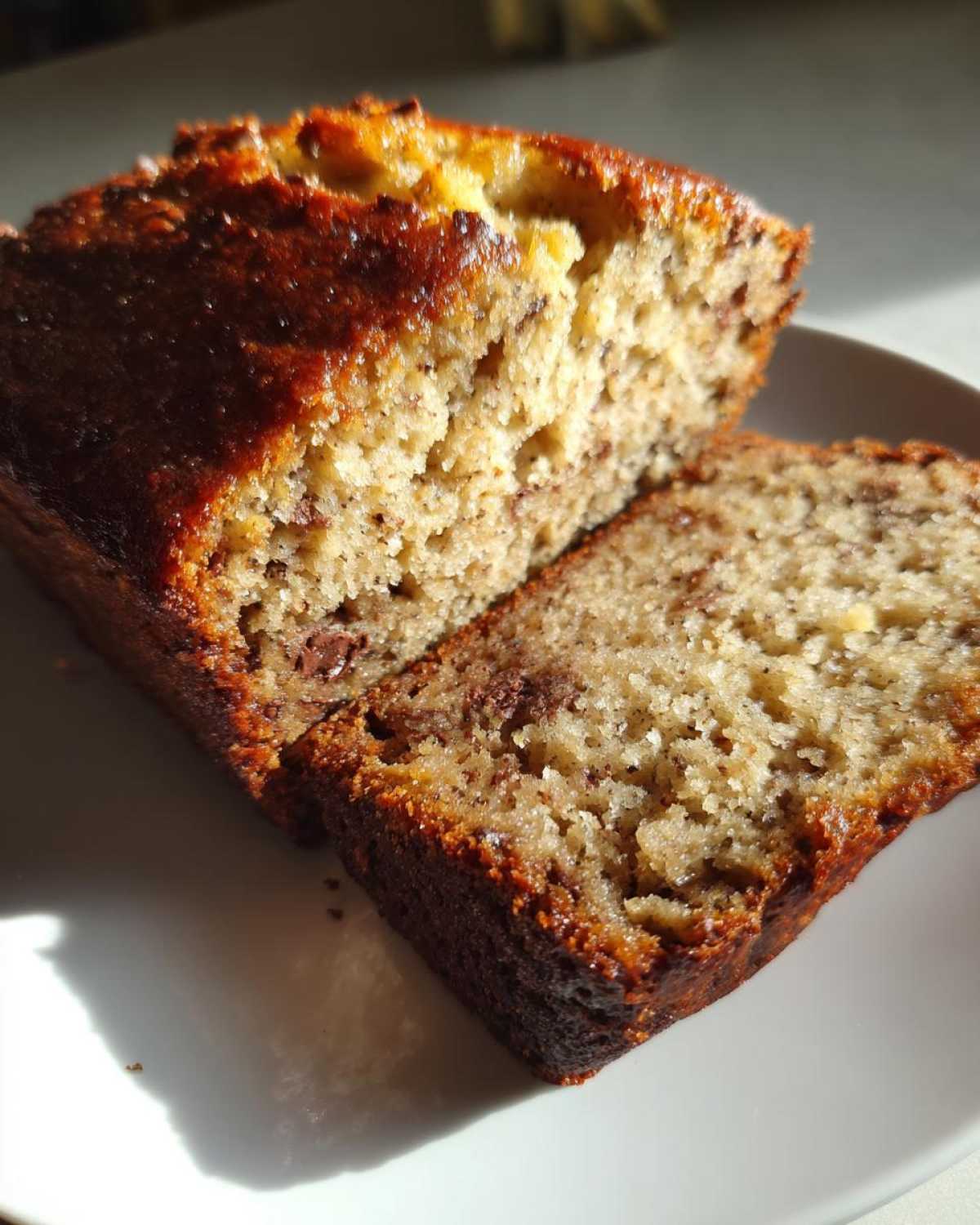A loaf of ultra-moist banana bread with a slice cut, showing the texture and chocolate chips.