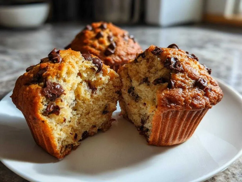 Close-up of a banana chocolate protein muffin, split in half on a white plate, showing its moist interior and chocolate chips.