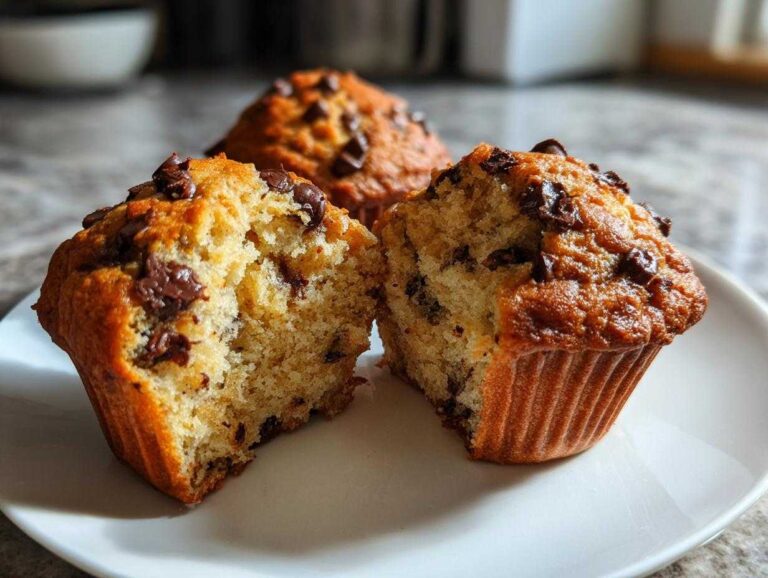 Close-up of a banana chocolate protein muffin, split in half on a white plate, showing its moist interior and chocolate chips.
