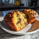 Close-up of a banana protein muffin split in half, revealing its moist interior with chocolate chips, on a white plate.