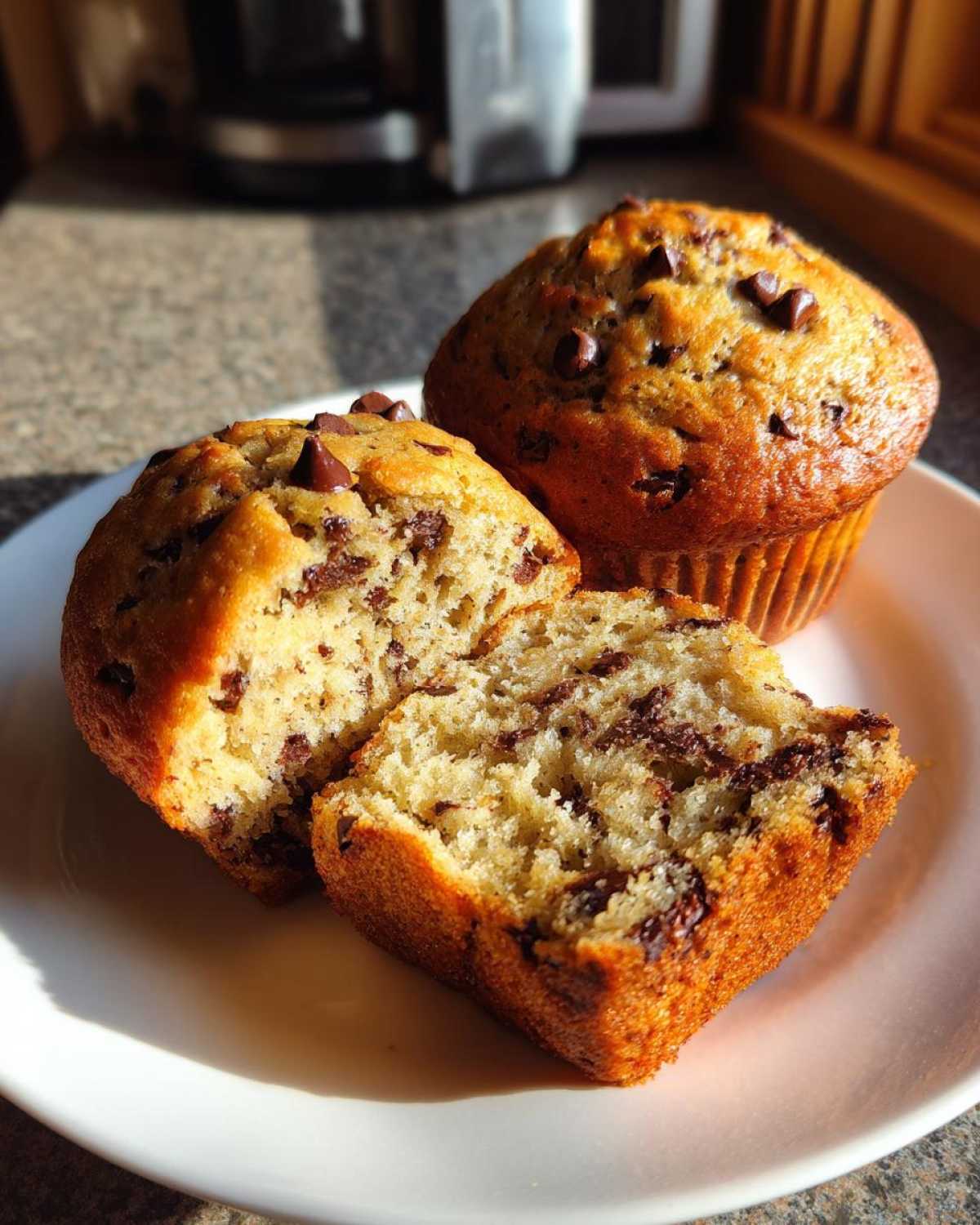 Two banana protein muffins on a white plate, one whole and one cut in half, revealing chocolate chips inside.