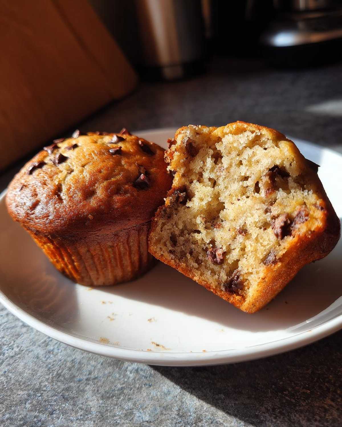 One whole banana protein muffin and one cut in half, showing the moist interior with chocolate chips.
