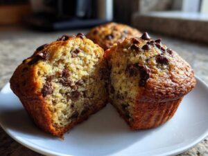 A close-up of a banana protein muffin cut in half, revealing a moist interior with chocolate chips.