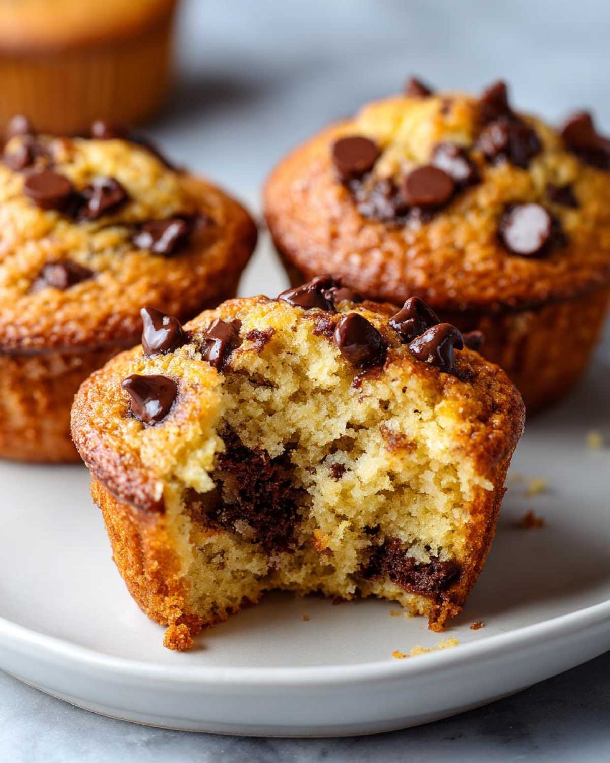 Close-up of a bitten chocolate chip protein muffin on a white plate, showing the fluffy texture and chocolate chunks inside.