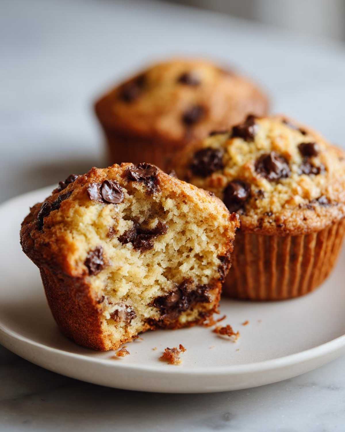 Close-up of a bitten chocolate chip protein muffin on a plate, showing its soft interior and chocolate chunks. Two whole muffins are in the background.