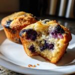 A close-up of a golden-brown protein blueberry muffin with a bite taken out, revealing juicy blueberries and fluffy texture, on a white plate.