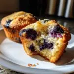 A close-up of a golden-brown protein blueberry muffin with a bite taken out, revealing juicy blueberries and fluffy texture, on a white plate.