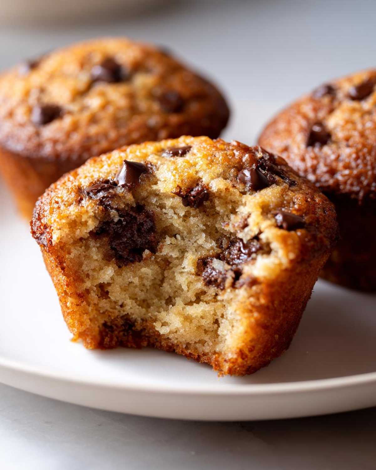 Close-up of a golden-brown protein muffin with a bite taken out, revealing moist interior and melted chocolate chips. Two whole protein muffins are blurred in the background.