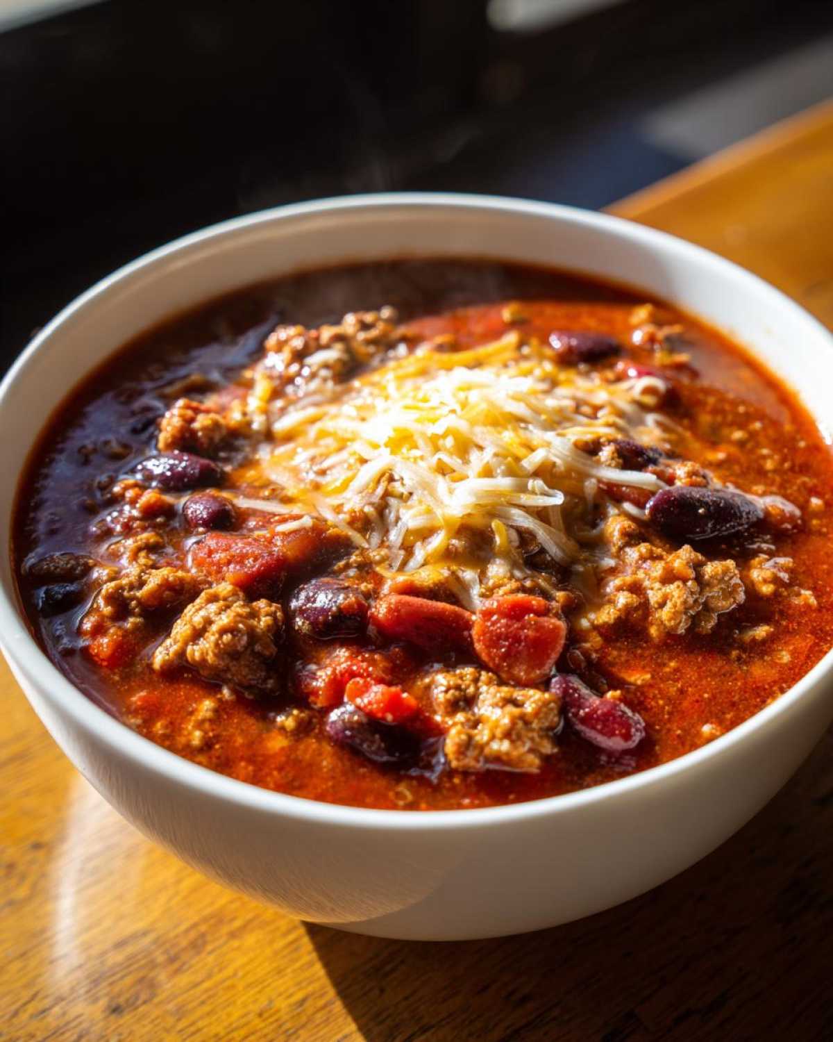 A bowl of hearty chili topped with shredded cheese, featuring beans, ground meat, and tomatoes.
