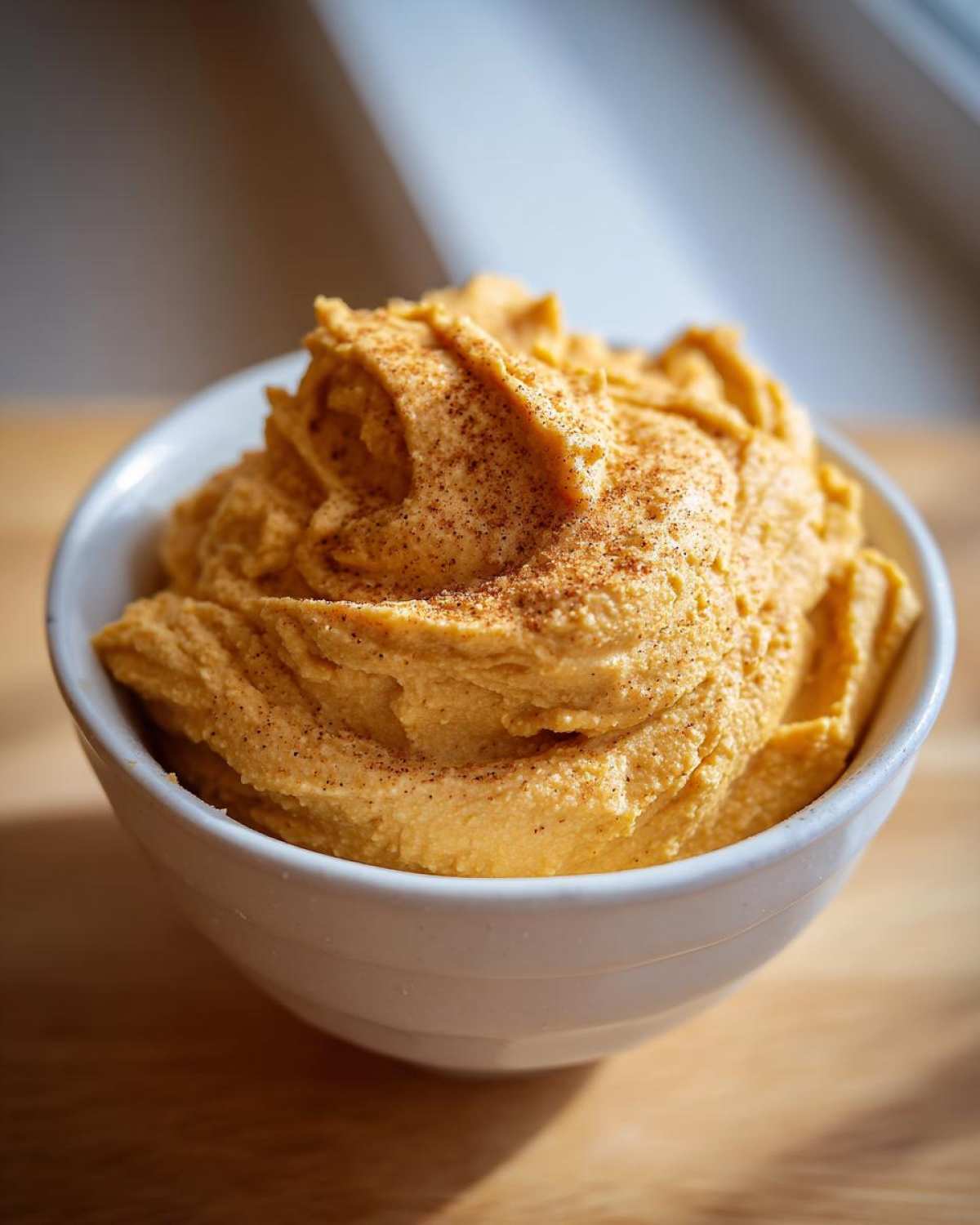 A bowl of delicious pumpkin fluff, a creamy dessert with pumpkin flavor and a sprinkle of spice on top.
