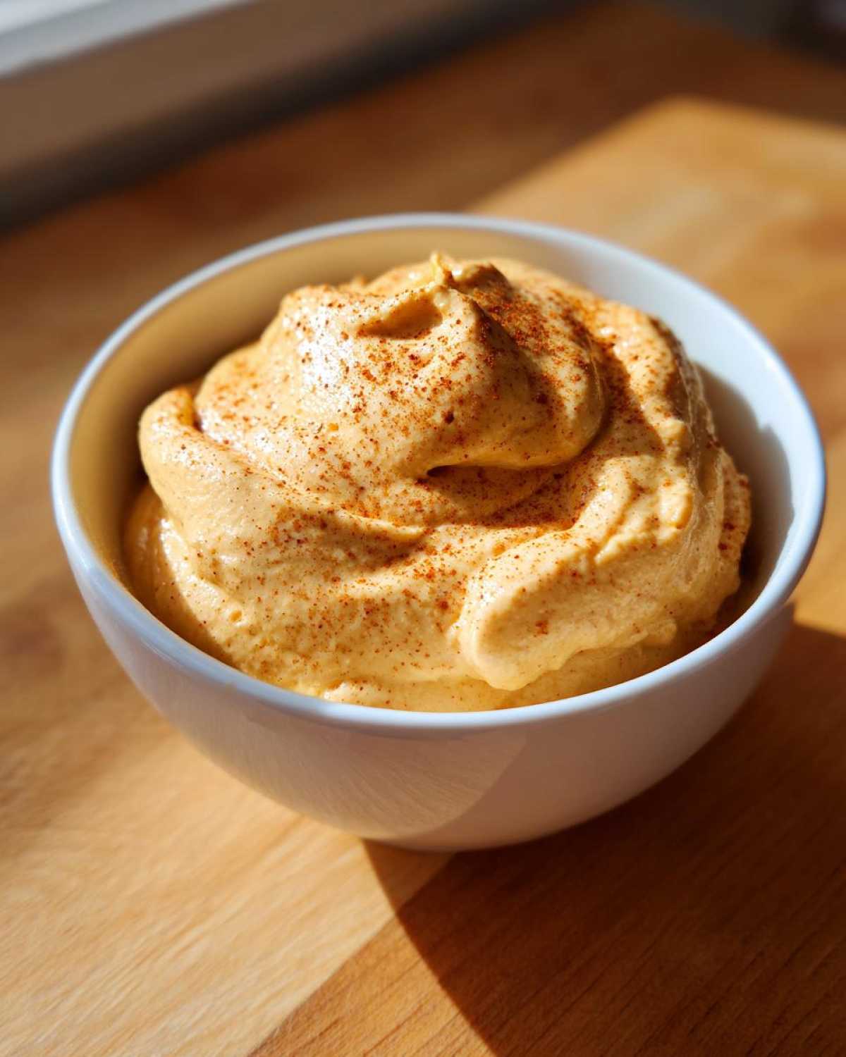 A bowl of homemade pumpkin fluff, a creamy dessert with pumpkin spice, sits on a wooden surface.