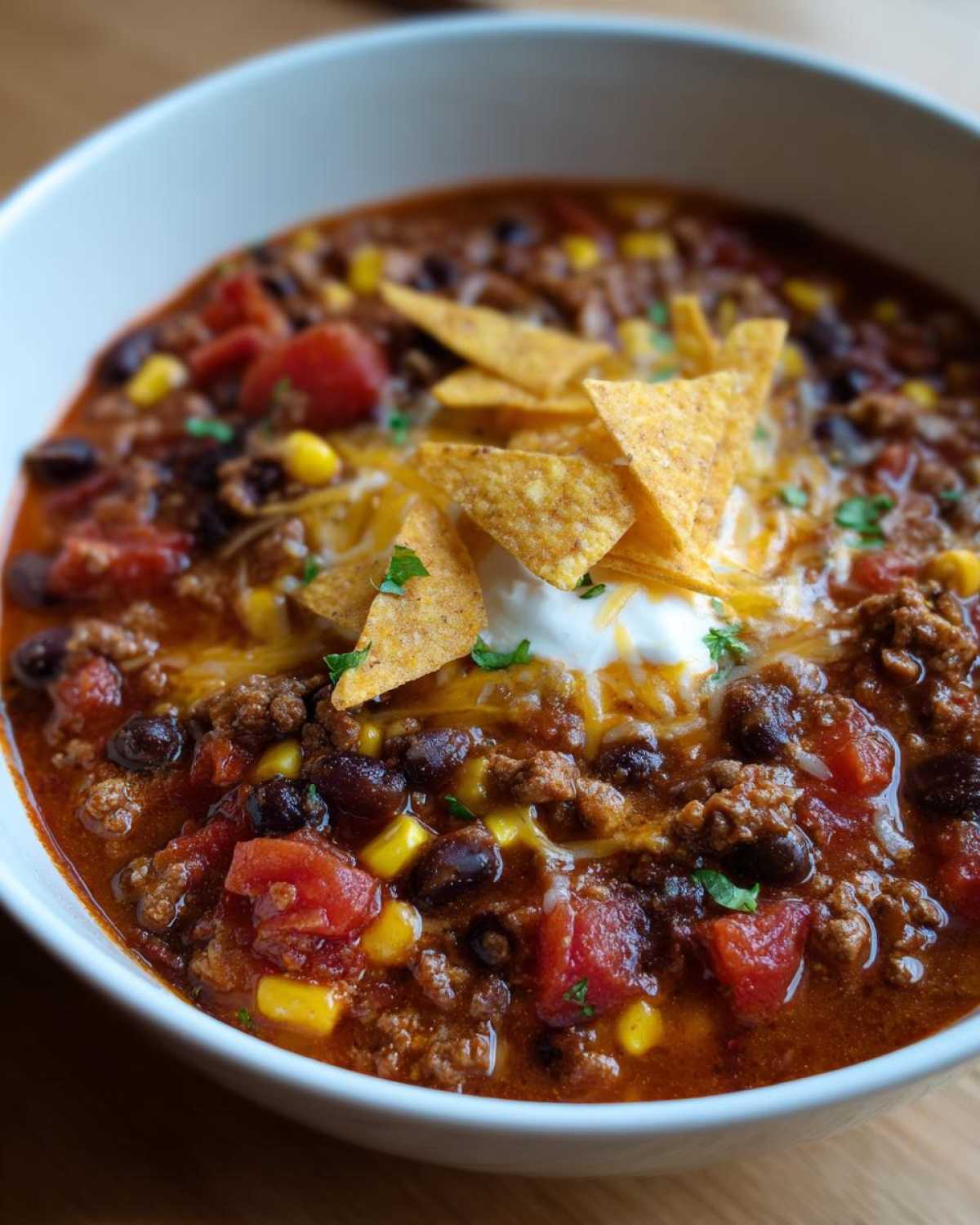 A bowl of taco soup topped with sour cream, shredded cheese, and tortilla chips. Ready to eat taco soup!
