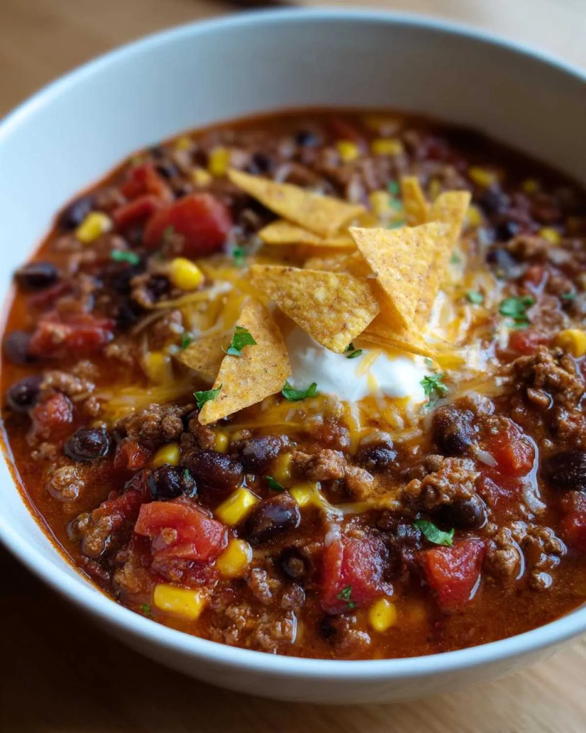 A bowl of taco soup topped with sour cream, shredded cheese, and tortilla chips. Ready to eat taco soup!