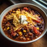 A bowl of taco soup topped with sour cream, shredded cheese, and tortilla chips.