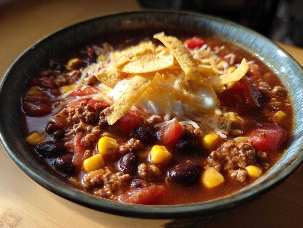 A bowl of taco soup topped with tortilla chips, sour cream, cheese, corn, and beans. Ready to eat taco soup.