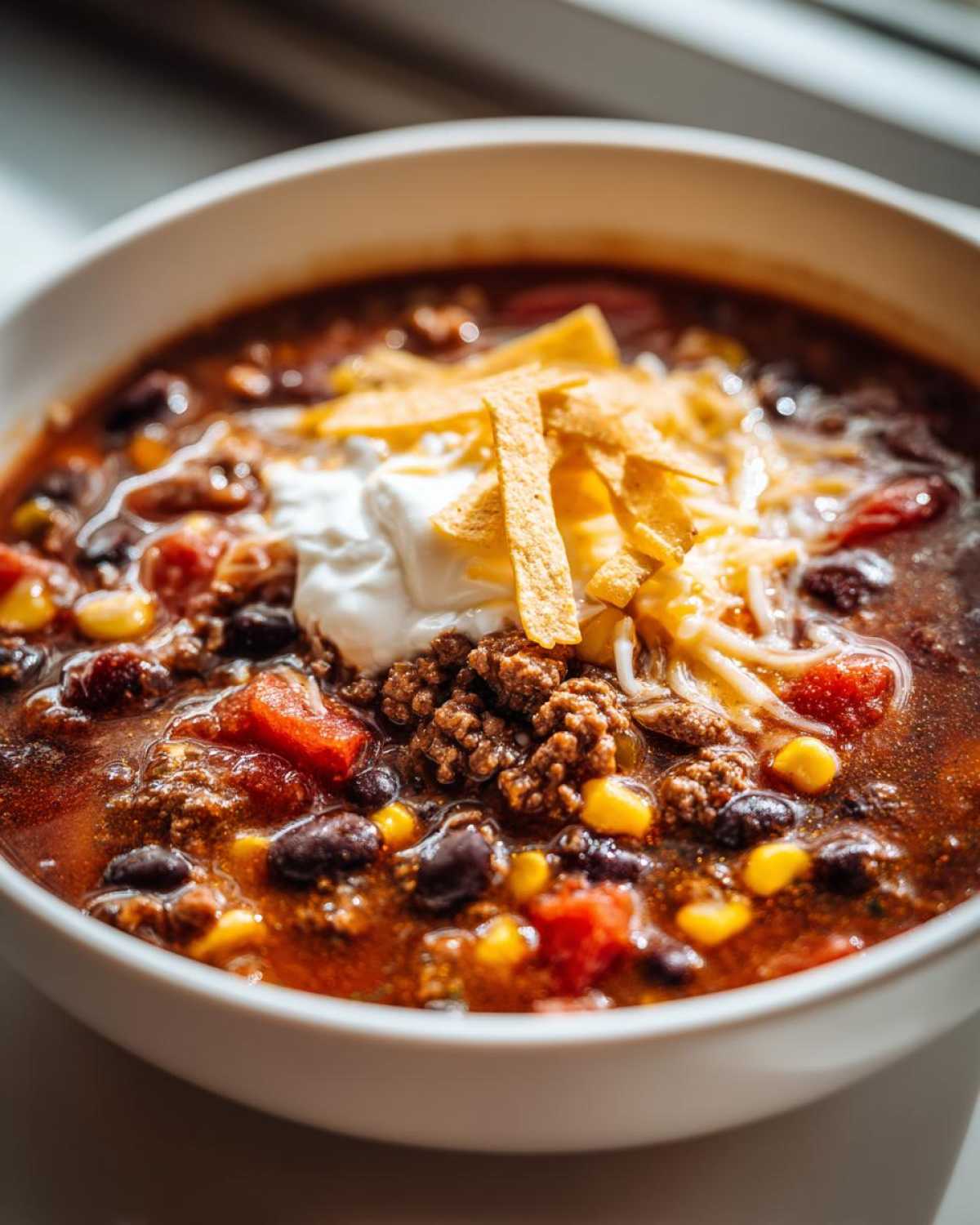 A close-up of a bowl of taco soup, topped with sour cream, tortilla strips, and cheese.