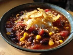 A bowl of taco soup topped with tortilla chips, sour cream, cheese, corn, and beans. Ready to eat taco soup.