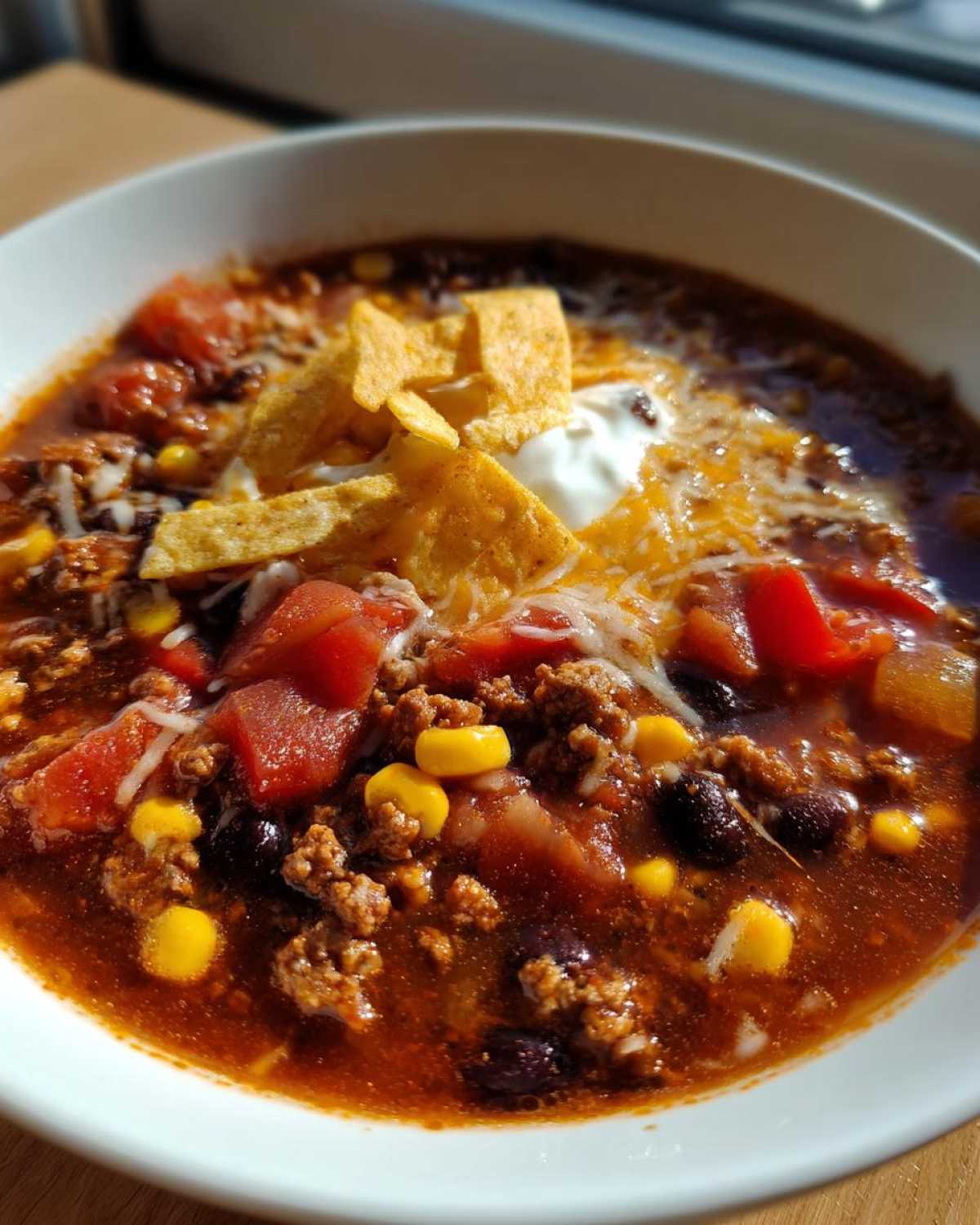 A bowl of taco soup topped with tortilla chips, cheese, and sour cream. Ready to eat taco soup.